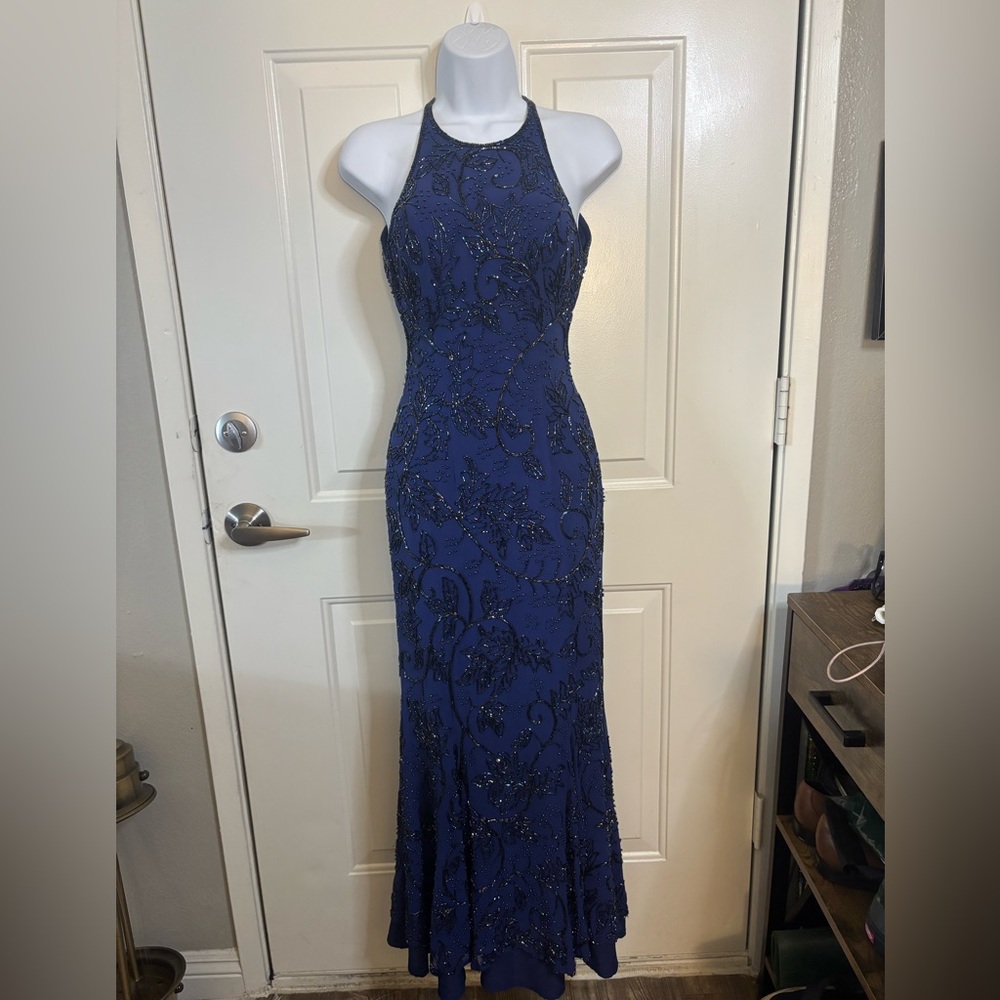 Vintage Beaded 100% silk formal dress Blue Floral gown small sean collection